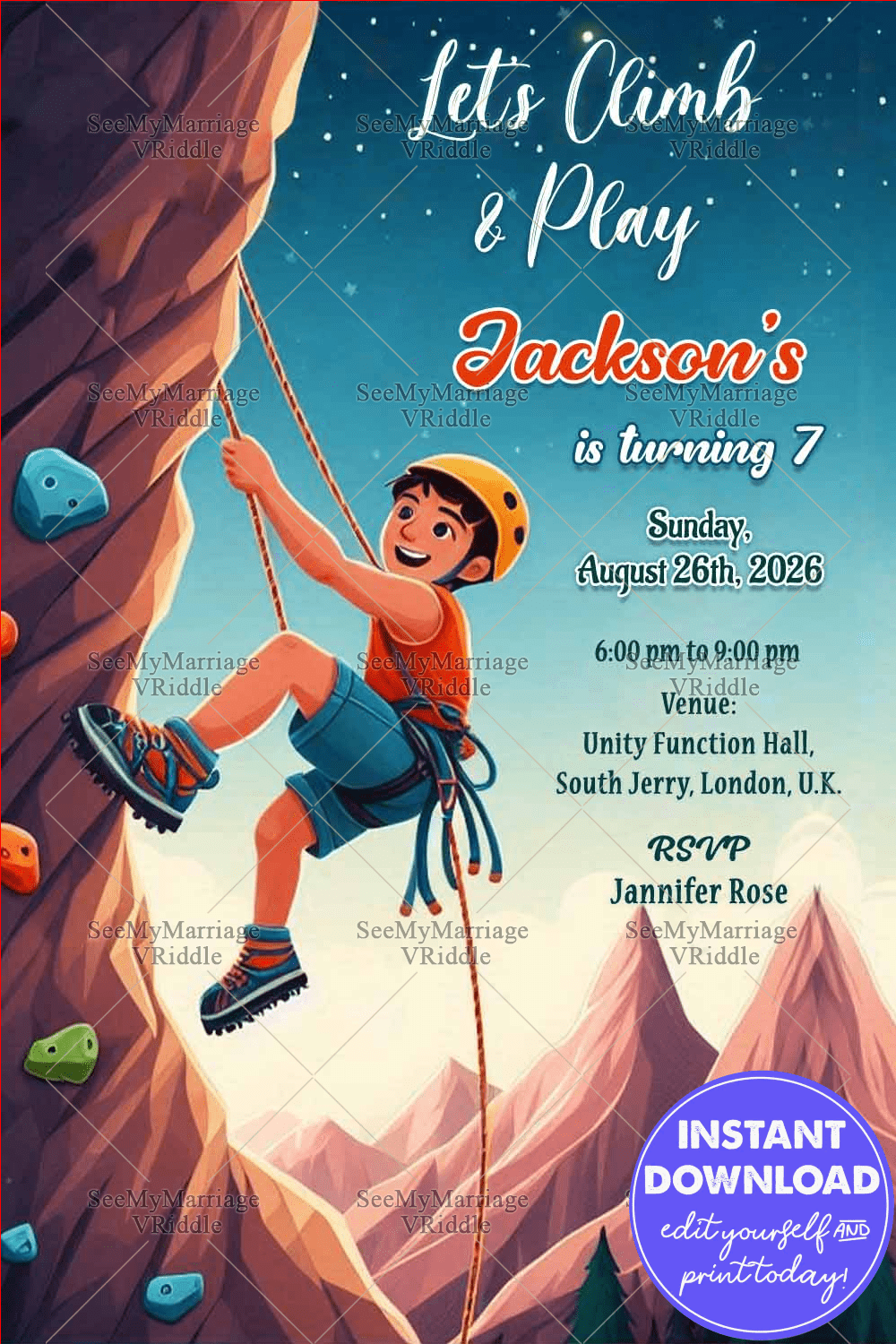 Climb & Play, Join Us for an Exciting Rock-Climbing 7th Birthday Party Invitation