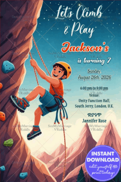 Climb & Play, Join Us for an Exciting Rock-Climbing 7th Birthday Party Invitation