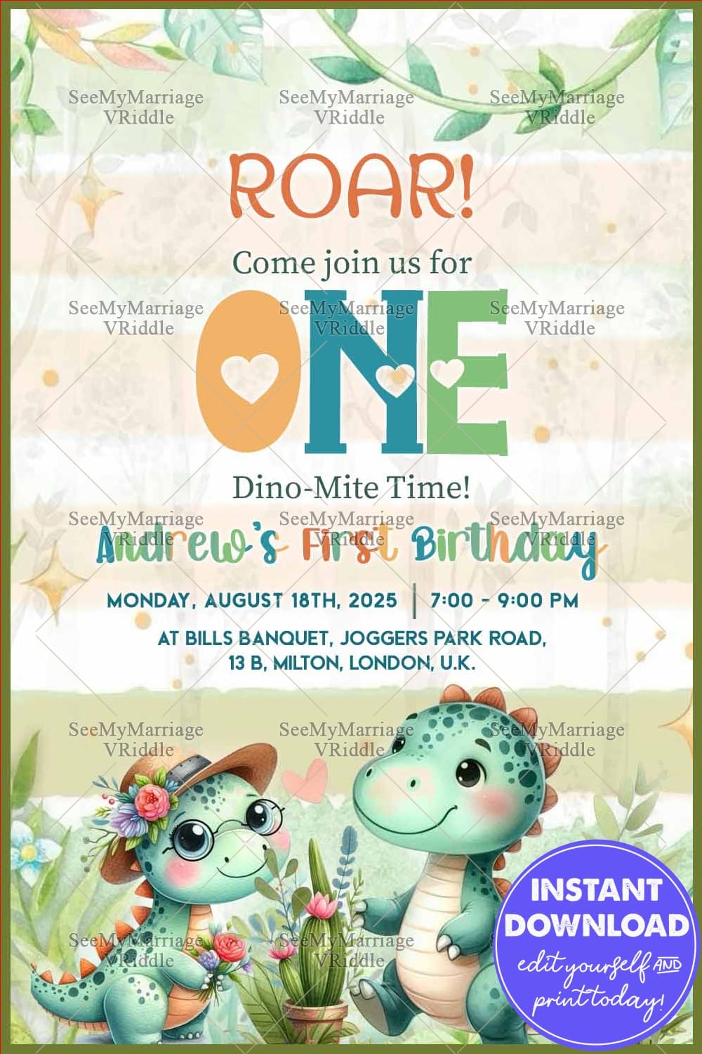 Colorful First Birthday Party Invitation with Playful Dinosaurs Theme Background