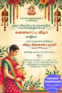 Colorful Tamil Valaikappu Ceremony Invitation with Floral and Leafy Designs Theme Background
