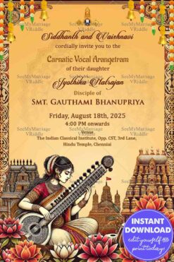 Cultural Carnatic Vocal Performance Invitation with Blooming Lotus Flowers and Golden Theme Background
