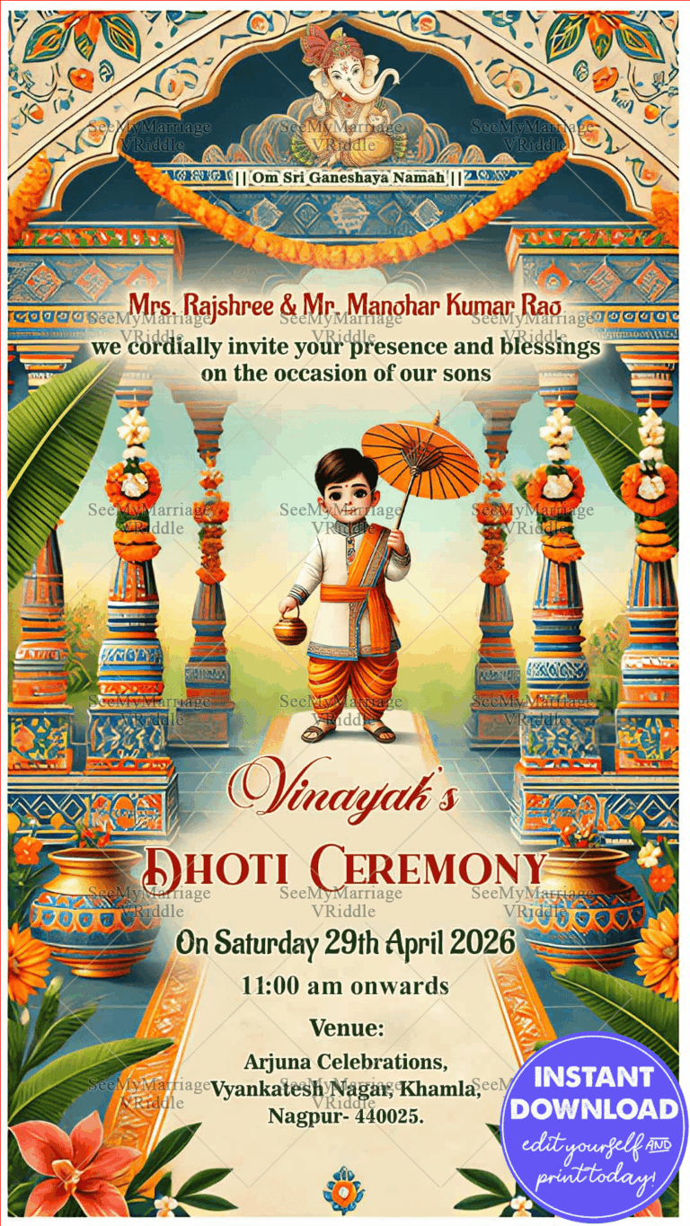Cultural Dhoti Ceremony Invitation with Blue Theme and Ornate Pillars Background