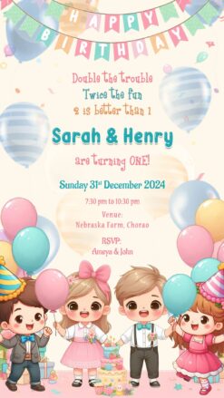 Double the Trouble - Twins Boy Girl Birthday Invitation