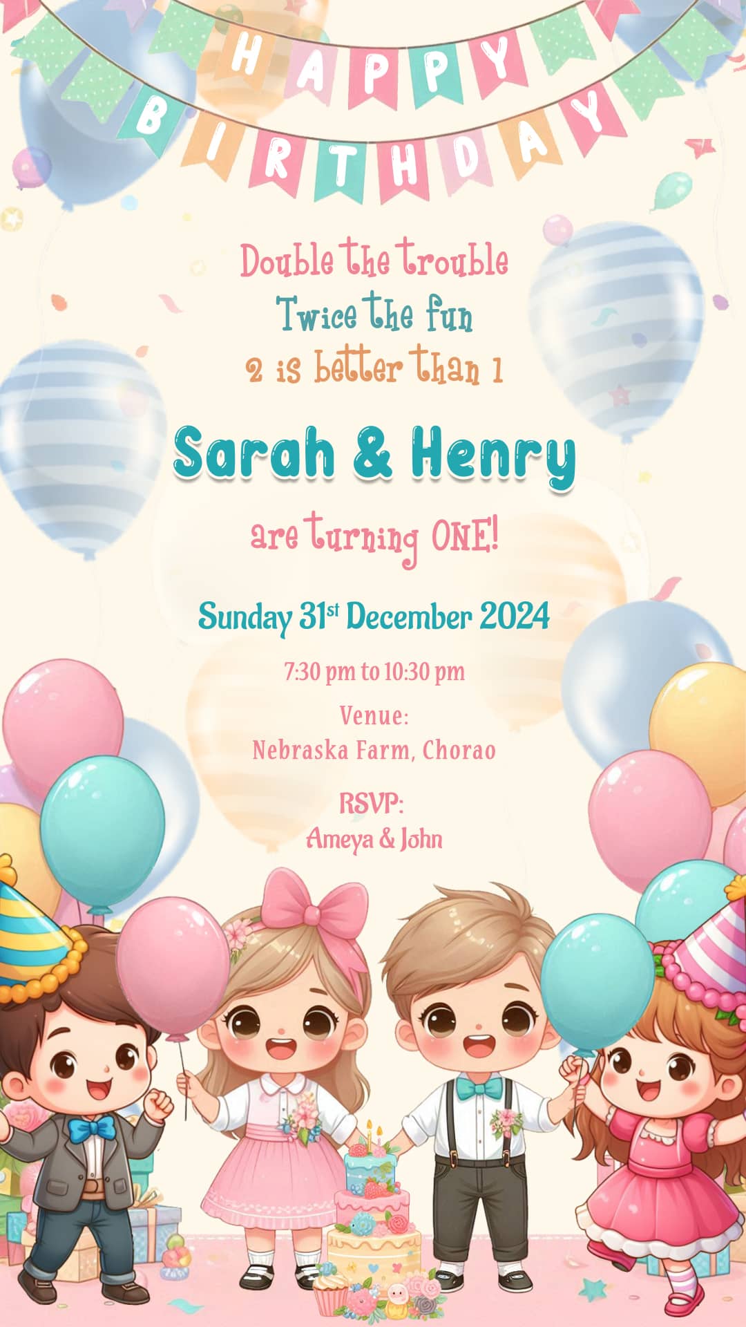 Double the Trouble – Twins Boy Girl Birthday Invitation – SeeMyMarriage, image size:1080x1920