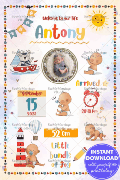 Cute Cartoon Theme Baby Announcement Invitation with Add Photo Background