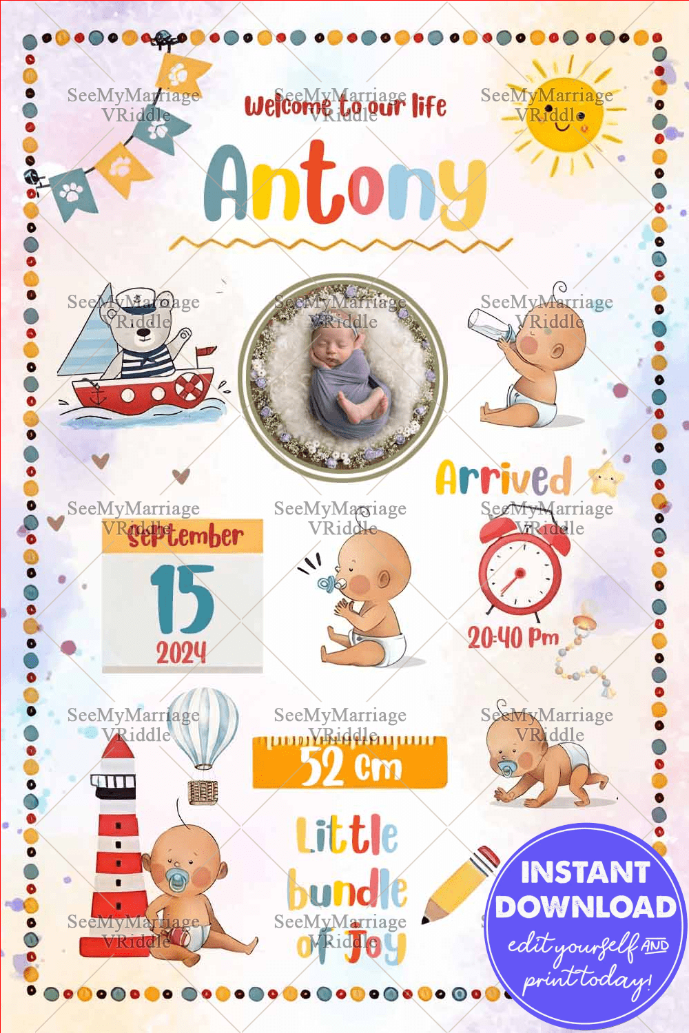 Cute Cartoon Theme Baby Announcement Invitation with Add Photo Background