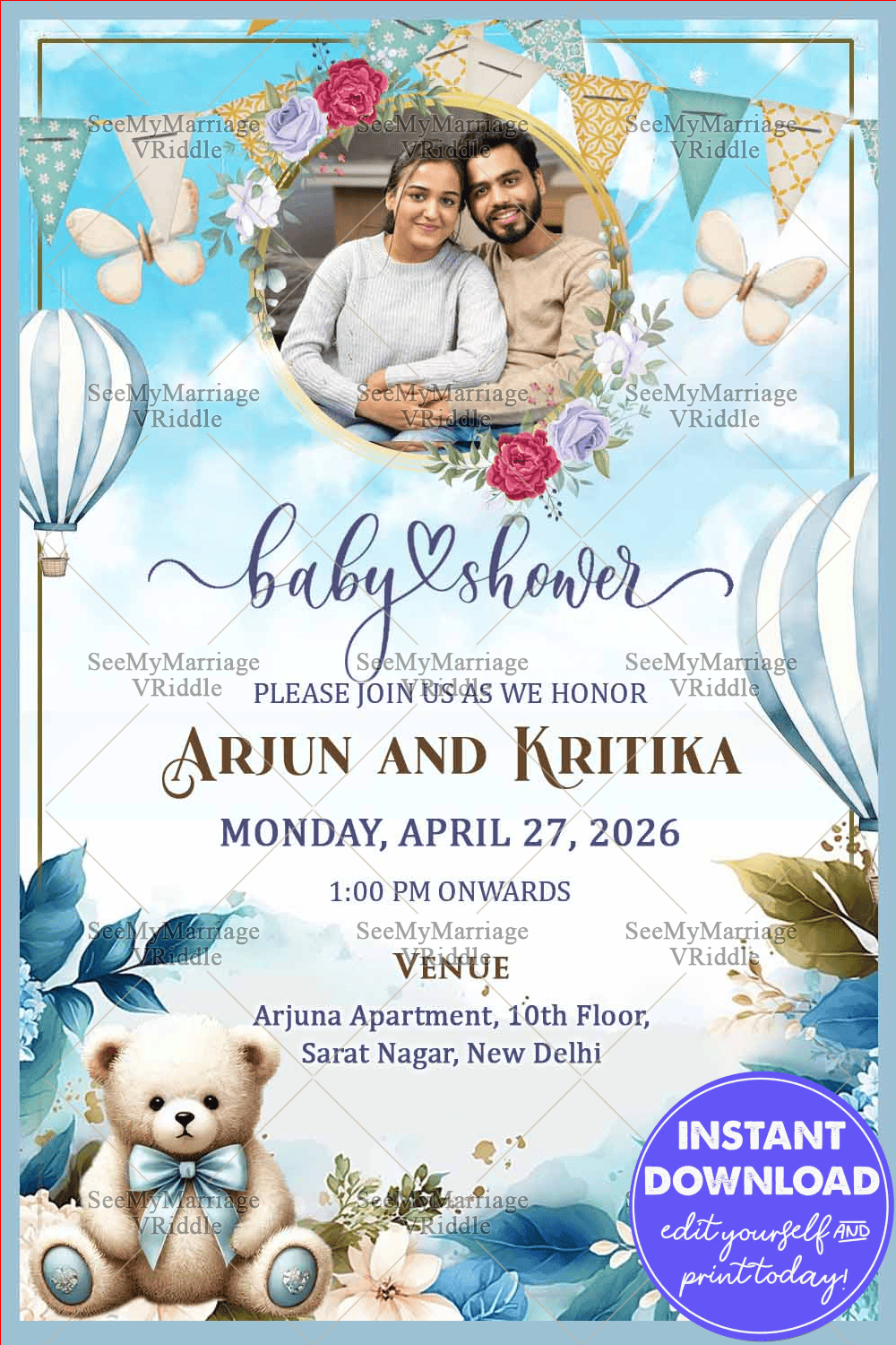 Delightful Baby Shower Invitation with Teddy Bear Theme and Add Photo Background