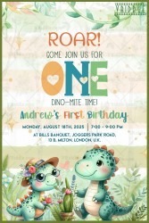 Colorful First Birthday Party Invitation with Playful Dinosaurs Theme Background