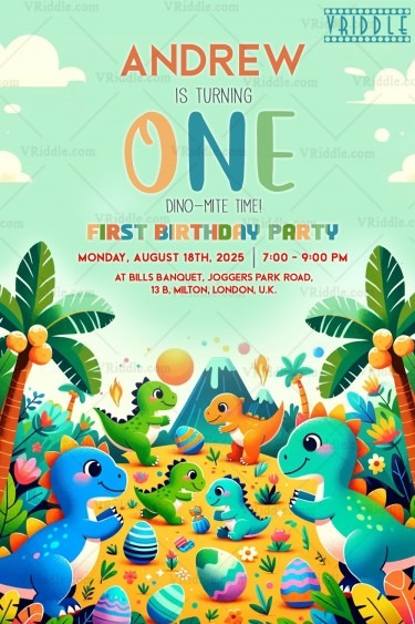 Celebration First Birthday Party Invitation with Cute Dinosaurs and Fun Theme Background