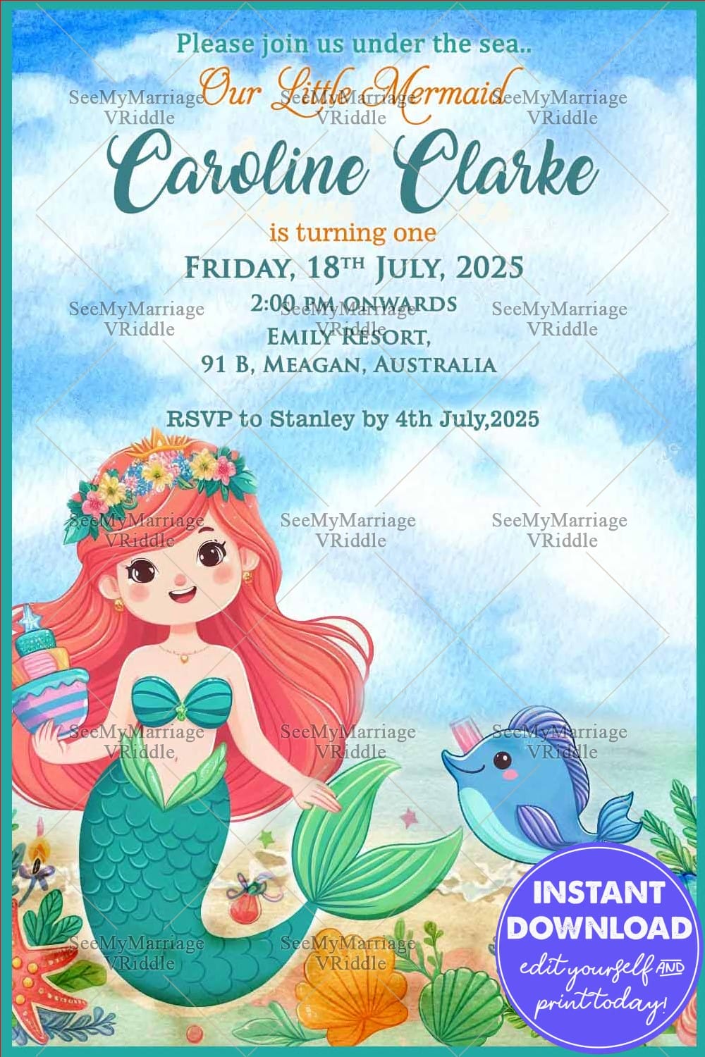 Dive Into Fun, A First Birthday Invitation with Mermaid Theme Background