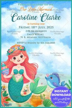 Dive Into Fun, A First Birthday Invitation with Mermaid Theme Background