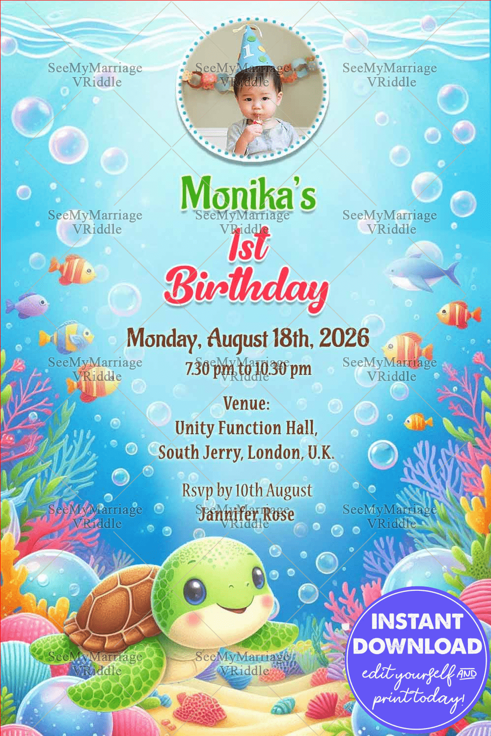 Dive Into Fun, Celebrate Our Baby Girl's First Birthday Invitation with an Under the Sea Theme Background