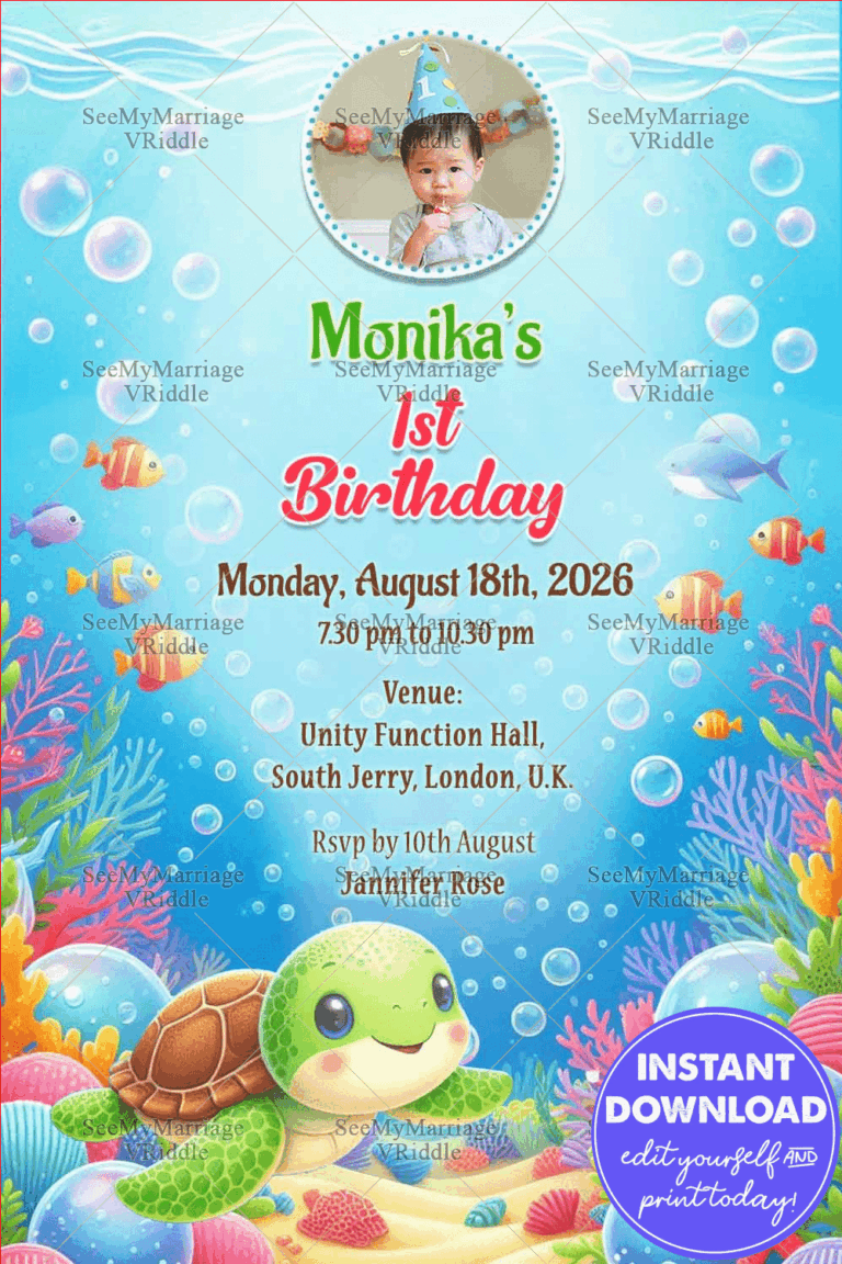 Dive Into Fun, Celebrate Our Baby Girl's First Birthday Invitation with an Under the Sea Theme Background
