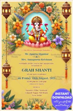 Divine Grah Shanti Ceremony Invitation with Golden Theme and Floral Background