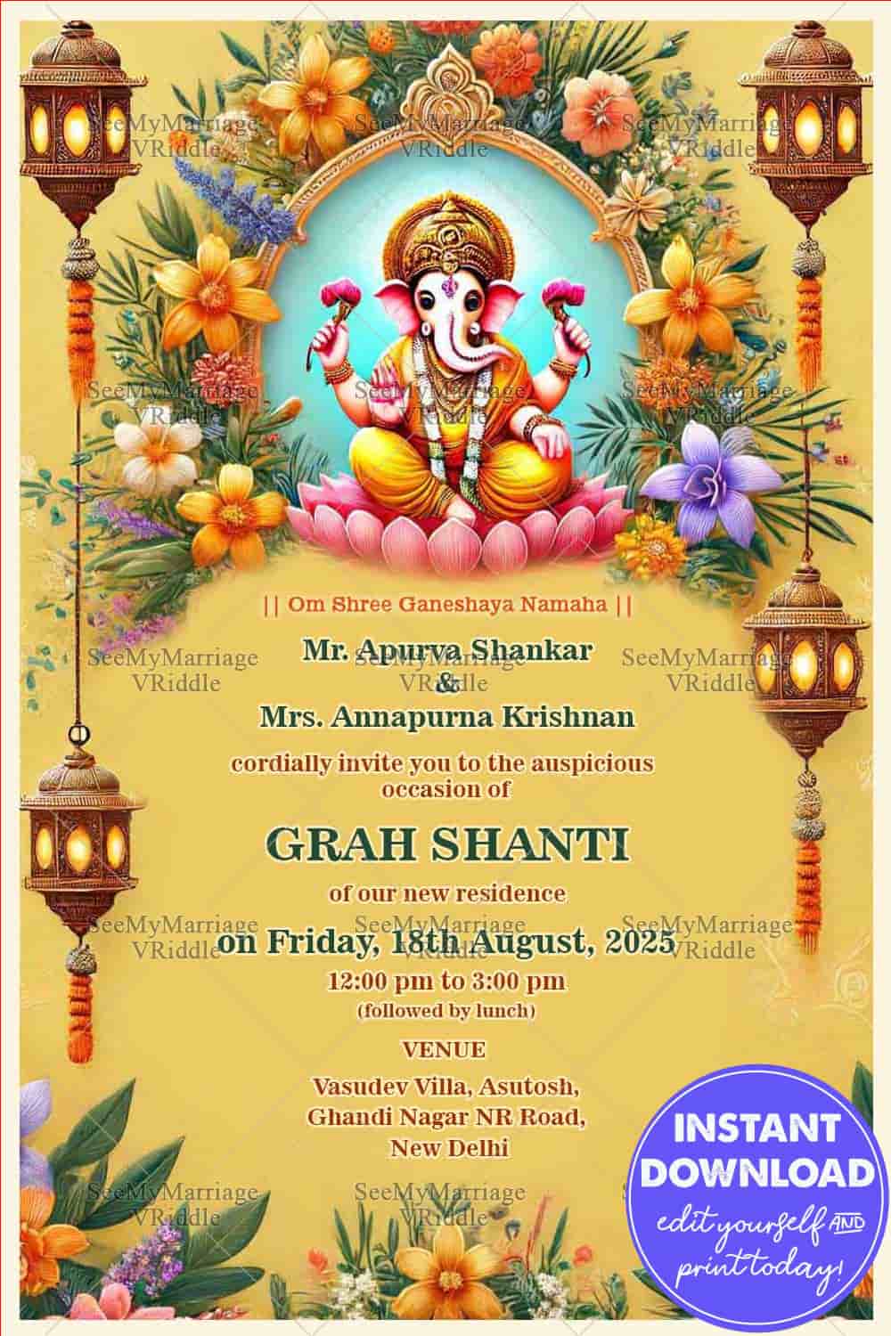 Divine Grah Shanti Ceremony Invitation with Golden Theme and Floral Background