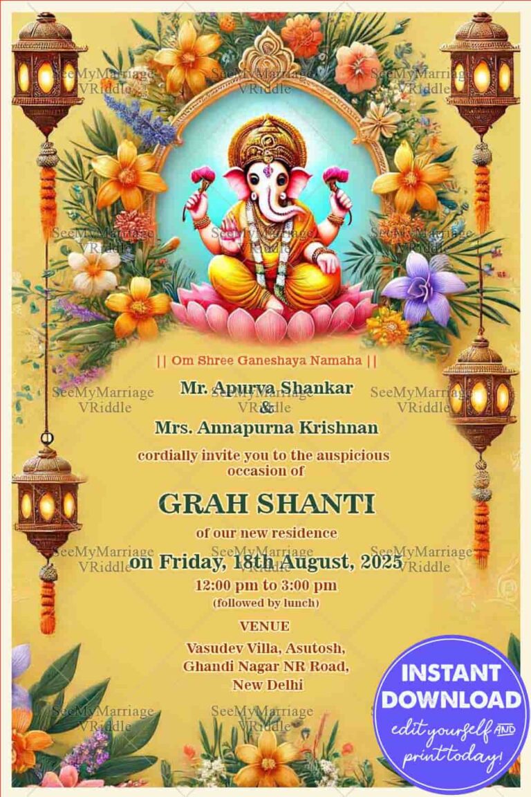 Divine Grah Shanti Ceremony Invitation with Golden Theme and Floral Background
