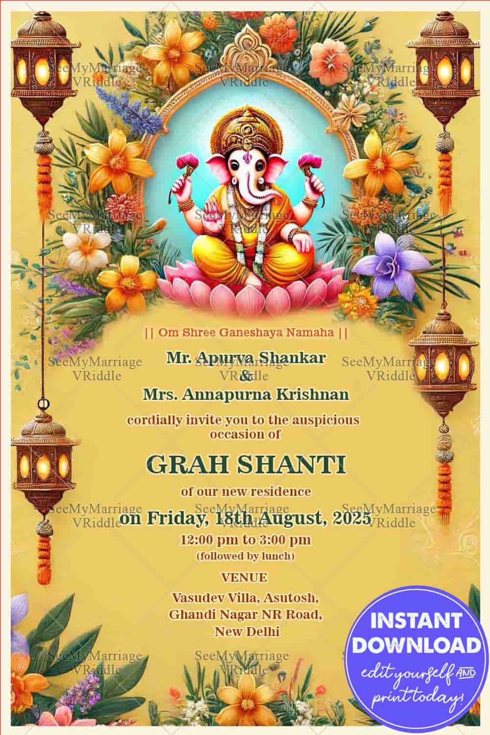 Divine Grah Shanti Ceremony Invitation with Golden Theme and Floral ...