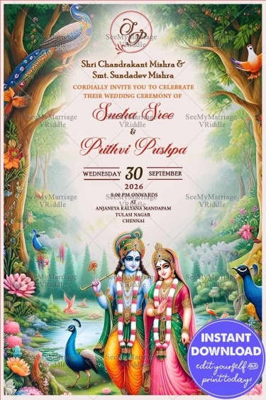 Divine Love, A Colorful Hindu Wedding Invitation with Krishna and Radha Amidst Vibrant Nature Theme