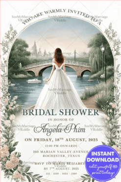 Dreamy Floral Western Bridal Shower Invitation with White color Theme Background