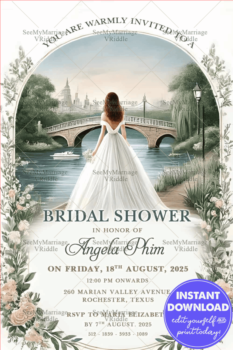 Dreamy Floral Western Bridal Shower Invitation with White color Theme Background