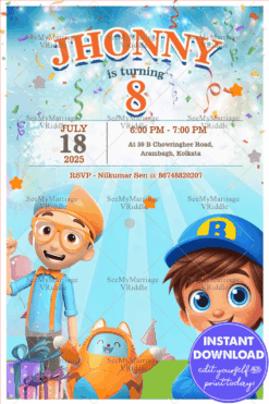Eighth Birthday Invitation with Cartoon Theme Background