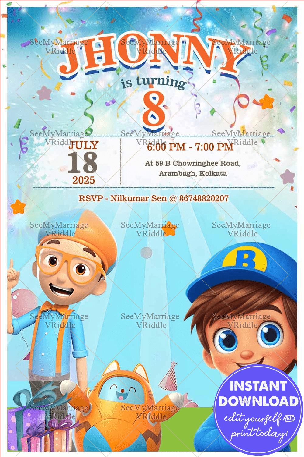 Eighth Birthday Invitation with Cartoon Theme Background