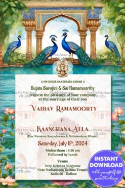 Elegant Indian Wedding Invitation with Peacock and Floral Motifs Theme Background