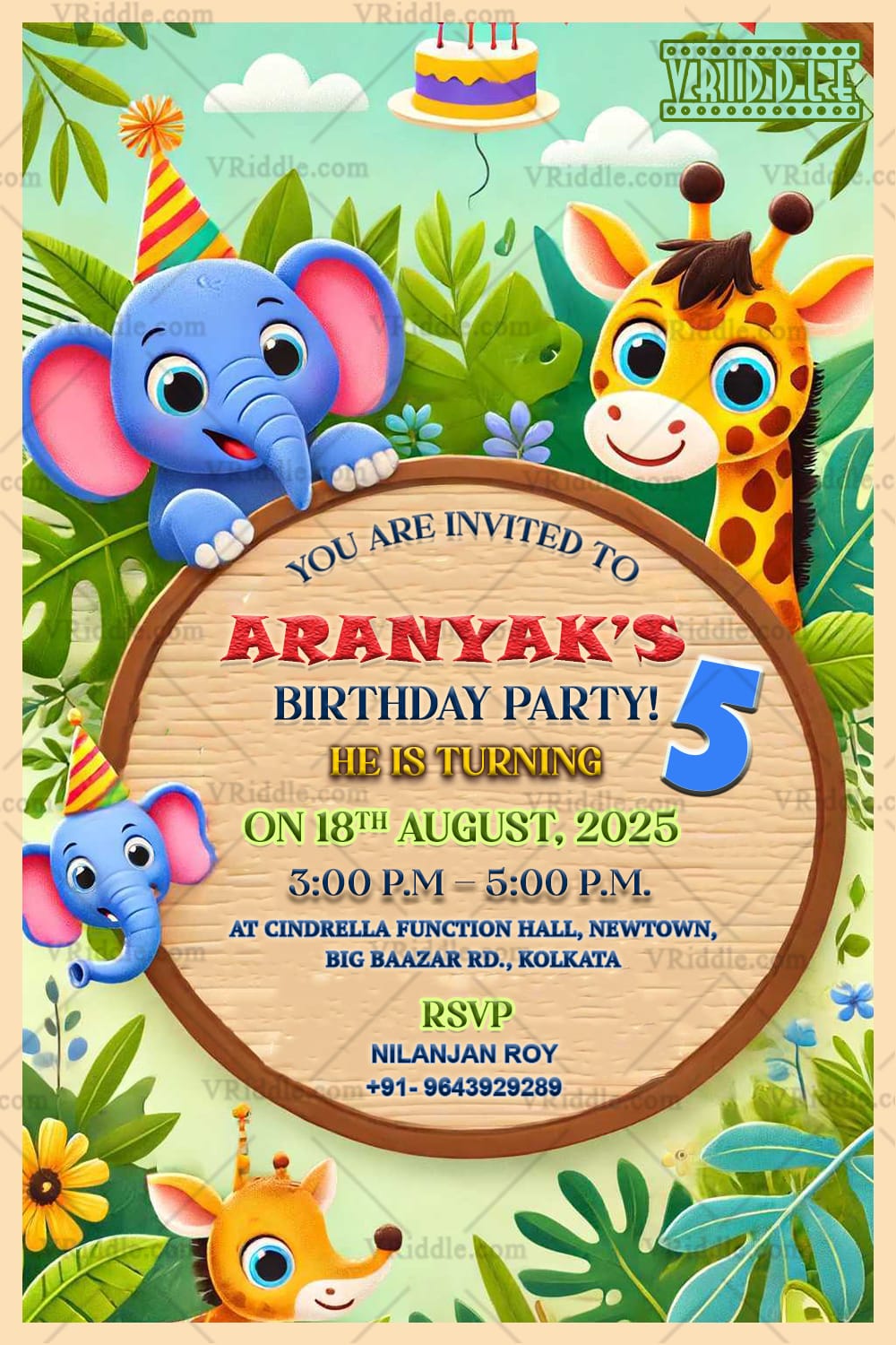 Elephant Giraffe Jungle Birthday Party Invitation with Lush Greenery Background