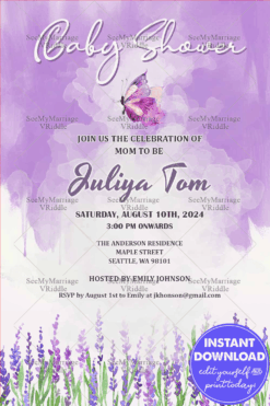 Enchanted Butterfly Baby Shower Invitation with lavender Flowers Theme Background