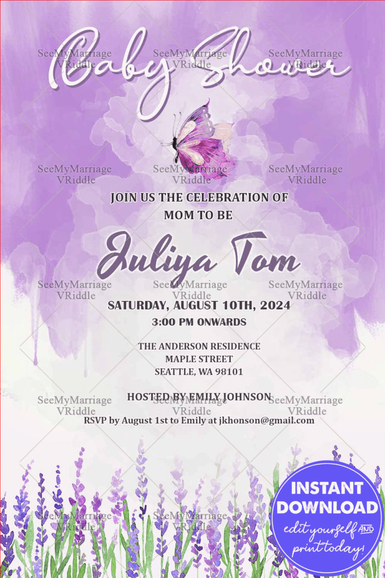 Enchanted Butterfly Baby Shower Invitation with lavender Flowers Theme Background