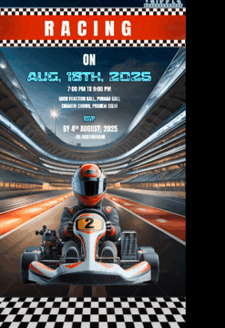 Exciting Go-Kart Racing Themed Invitation Video with Dynamic Design and Add Photo background