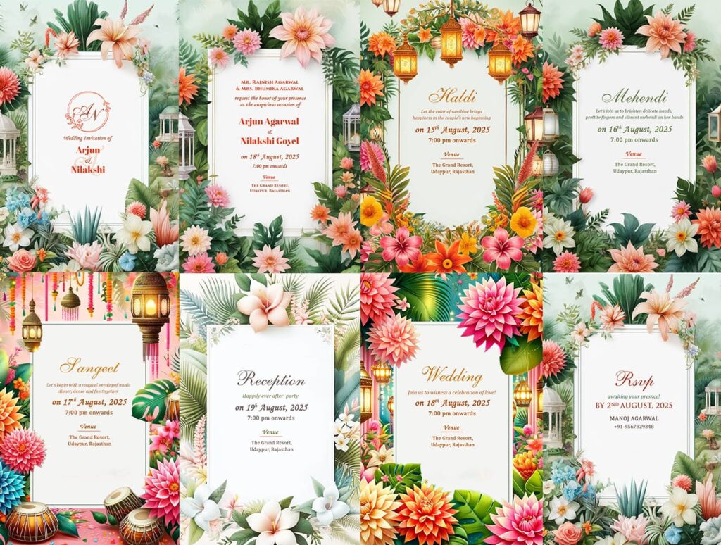 Exquisite Floral Themed Wedding Invitation suite with Haldi, Mehendi, Sangeet, Wedding, Reception and RSVP included