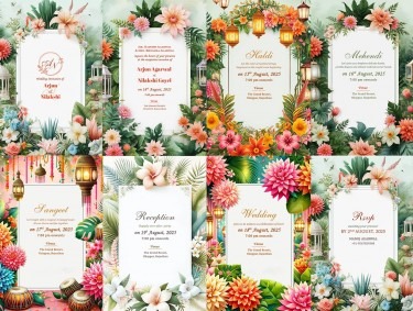 Exquisite Floral Themed Wedding Invitation suite with Haldi, Mehendi, Sangeet, Wedding, Reception and RSVP included