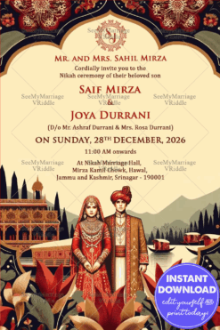 Exquisite Kashmiri-Style Nikah Invitation Card with Rich Cultural and Traditional Elements