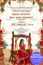 Festive Half Saree Ceremony Invitation with Floral Garlands Theme Background