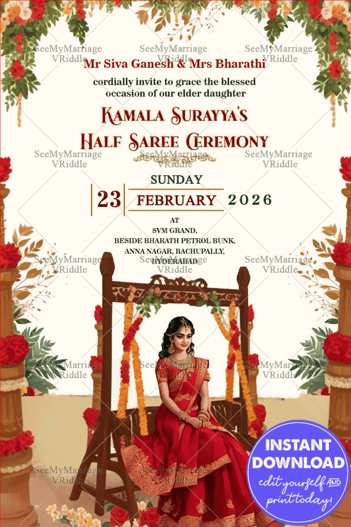 Festive Half Saree Ceremony Invitation with Floral Garlands Theme ...