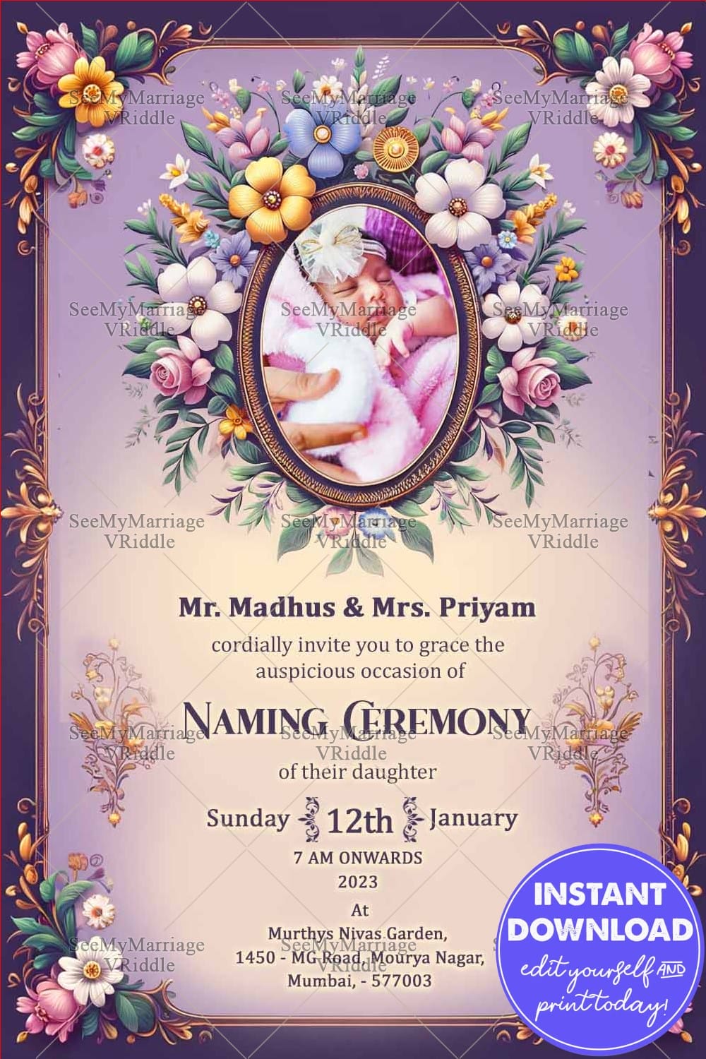 Golden Blossoms, Naming Ceremony Celebration with Purple Color Theme Background