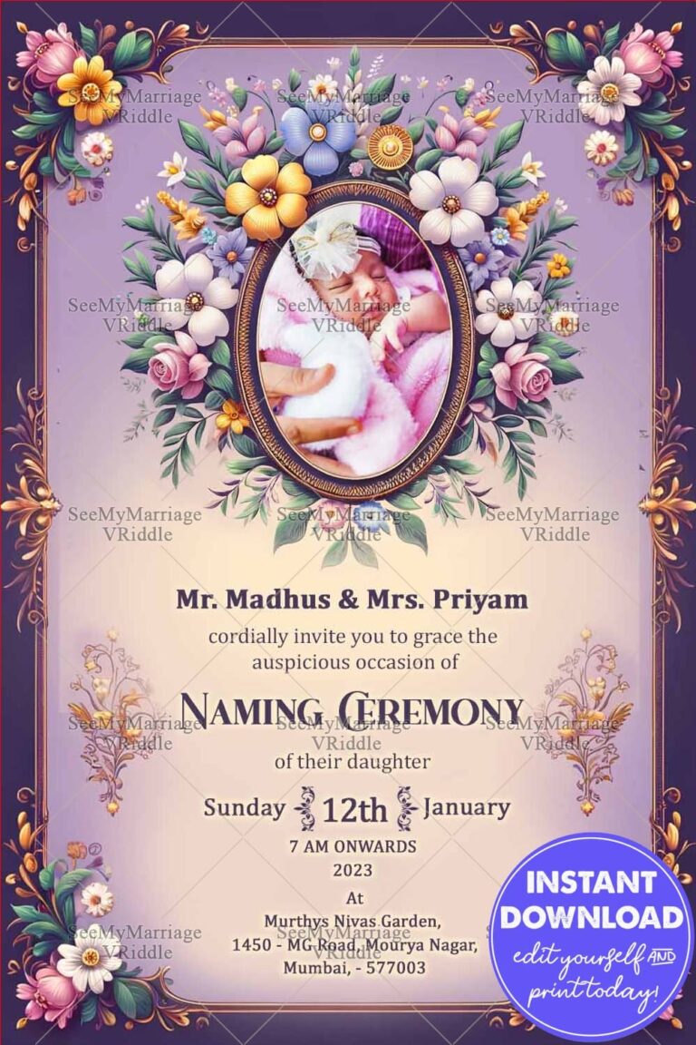 Golden Blossoms, Naming Ceremony Celebration with Purple Color Theme Background