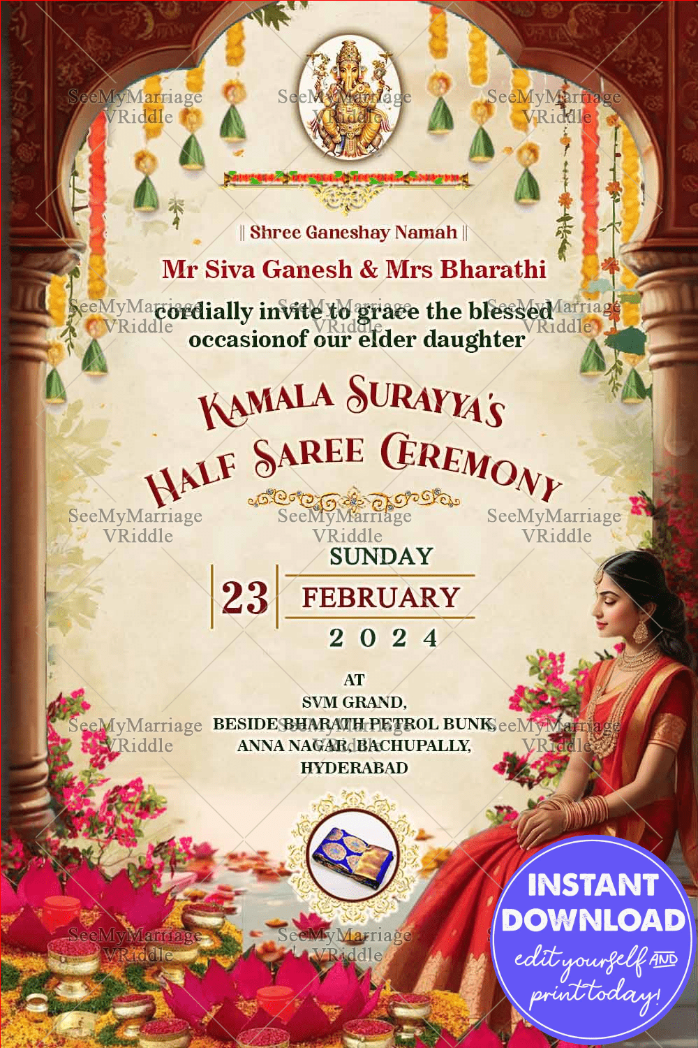 Golden Elegance, Traditional Half Saree Invitation with Floral Theme