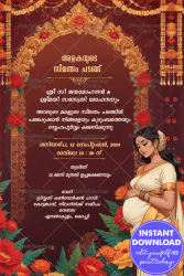 Graceful Malayalam Baby Shower Invitation with Maroon Color Theme and Roses Pattern Background