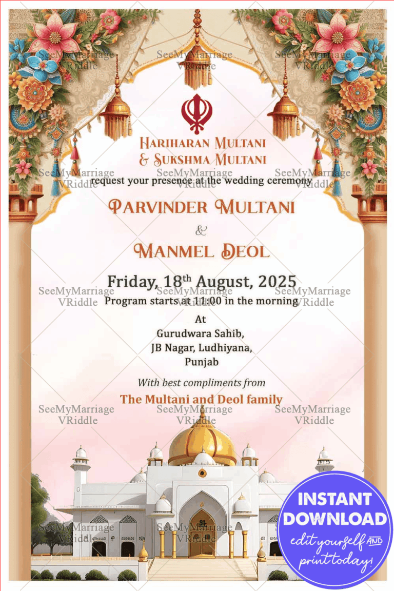 Graceful Punjabi Wedding Invitation with Gurudwara Illustration and Floral Arch Theme Background