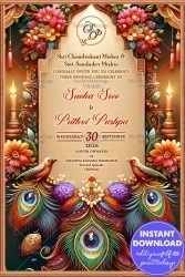 Grand Indian Wedding Invitation, Vibrant Peacocks, Gold Borders and Floral Elegance Theme