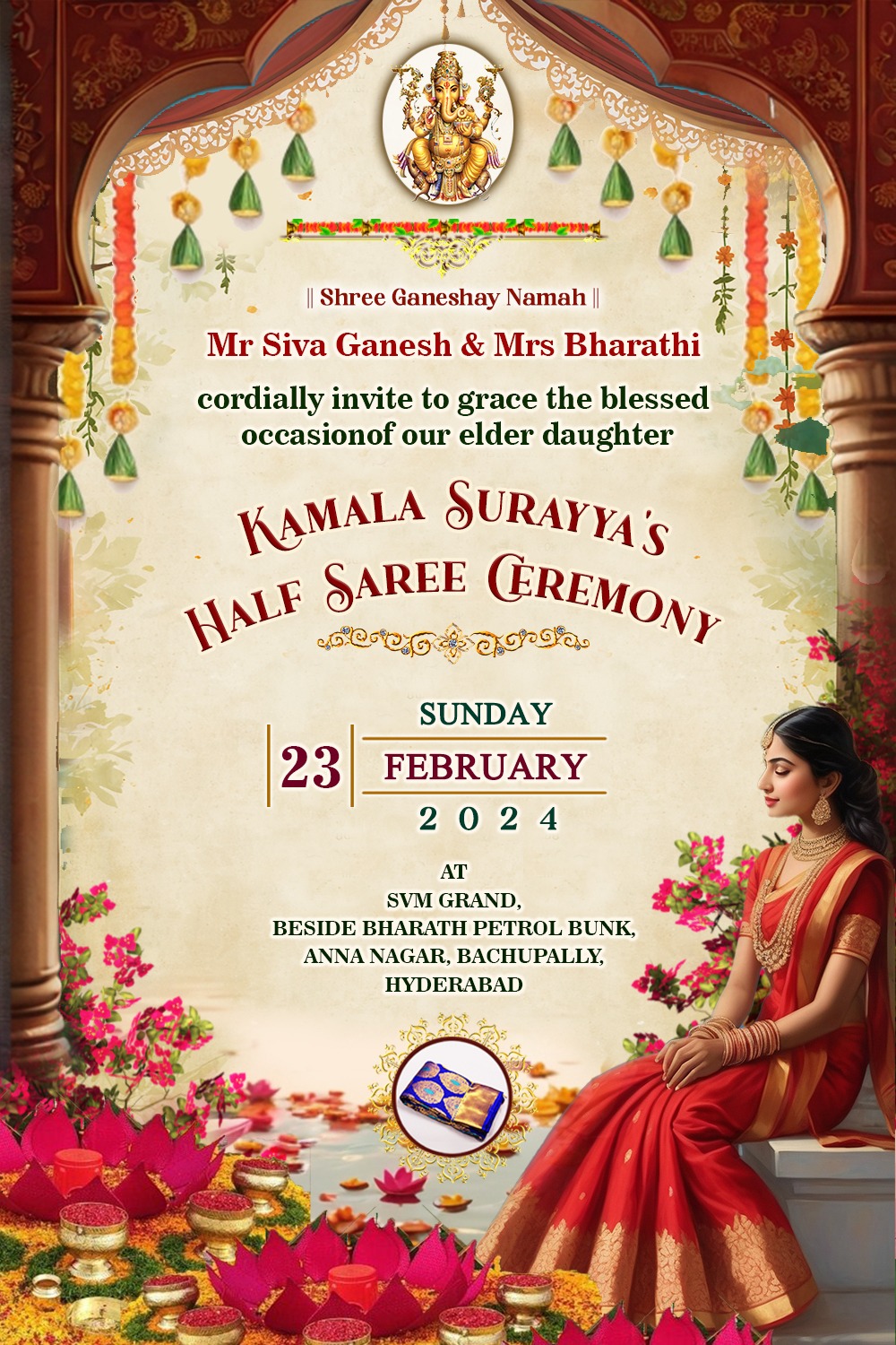 Golden Elegance, Traditional Half Saree Invitation with Floral Theme