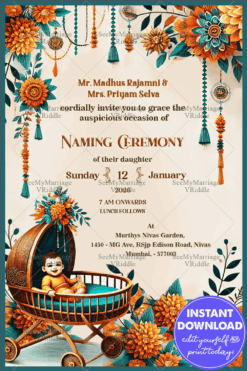 Heartwarming Baby Naming Ceremony Invitation with Soft Beige Theme and Floral Cradle Background