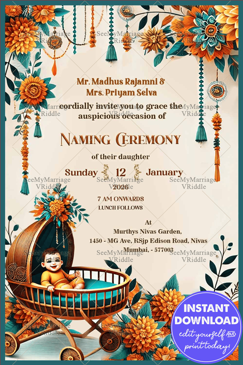 Heartwarming Baby Naming Ceremony Invitation with Soft Beige Theme and Floral Cradle Background