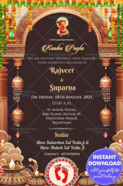 Invitation to the Auspicious Kanku Pagla (Vermillion Footprints) Ceremony with Vibrant Colors and Opulent Design Background