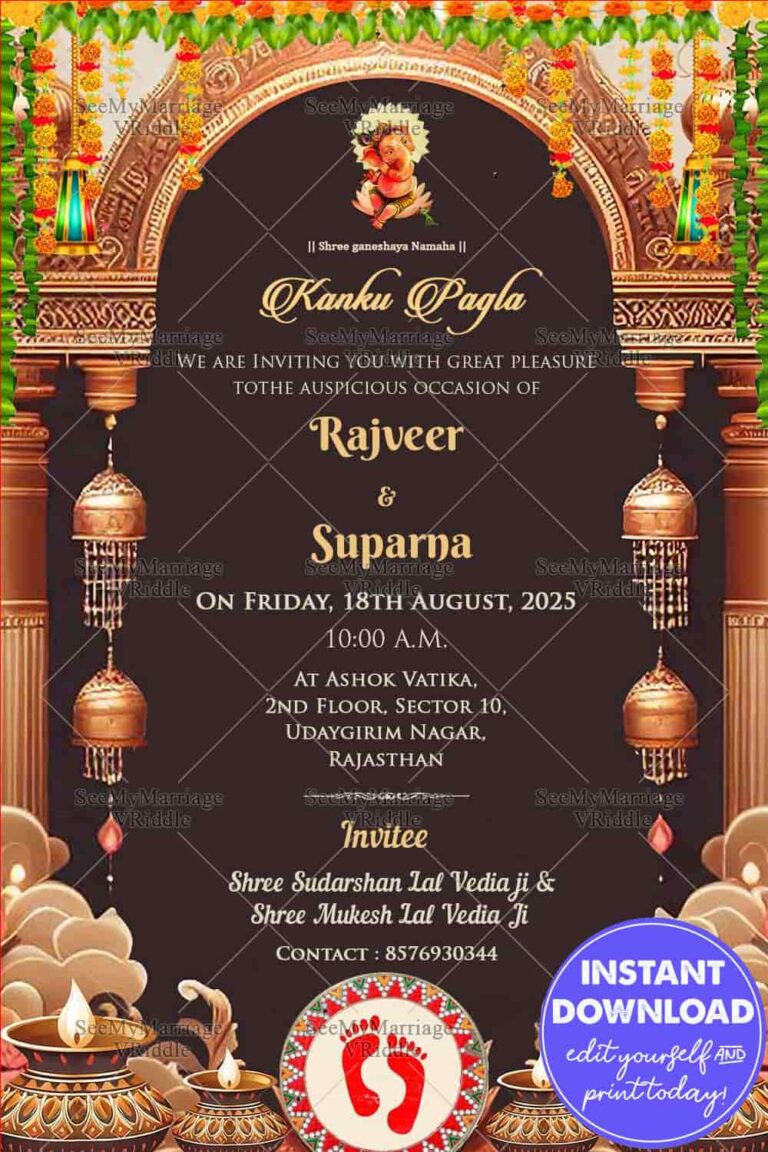 Invitation to the Auspicious Kanku Pagla (Vermillion Footprints) Ceremony with Vibrant Colors and Opulent Design Background