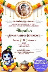 Little Krishna Theme Annaprashan Ceremony Invitation Card with Photo Frame in Cream Color Background