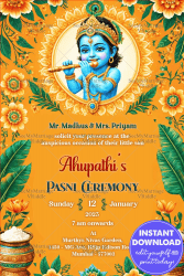 Little Krishna Theme Hindu Pasni Ceremony Invitation with Yellow Color Background