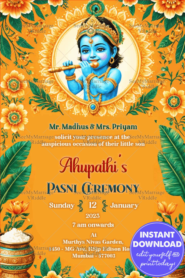 Little Krishna Theme Hindu Pasni Ceremony Invitation with Yellow Color Background
